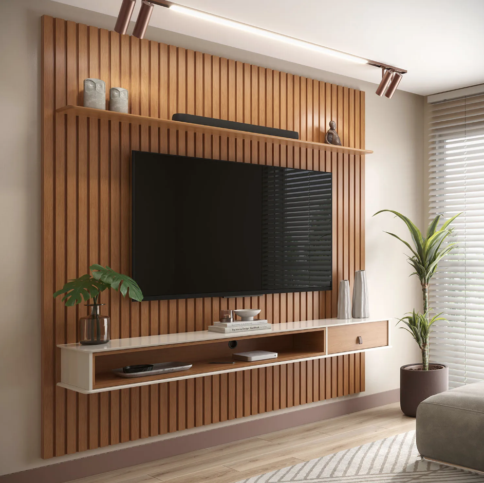 Plantas na decoração da sala de TV. Painel Ripado Home Duo.