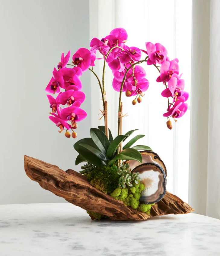 Orquídea Pink em arranjo feito com tronco de madeira e musgos. 