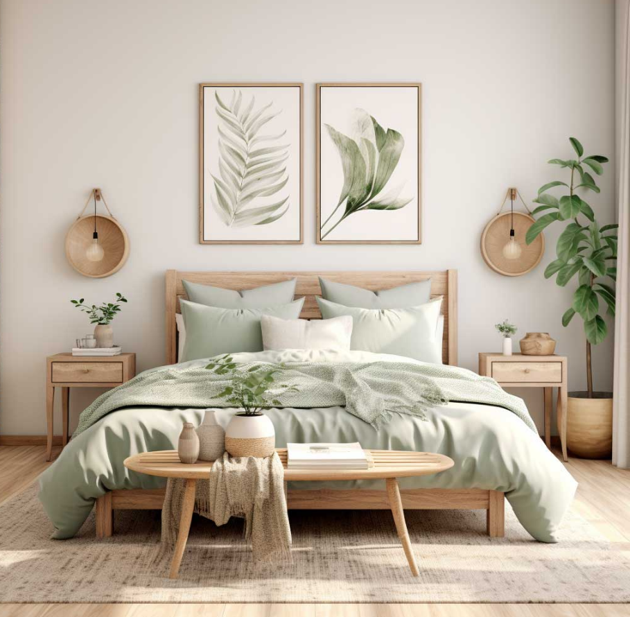 Mesa de cabeceira de madeira natural e quarto com decoração verde clara.