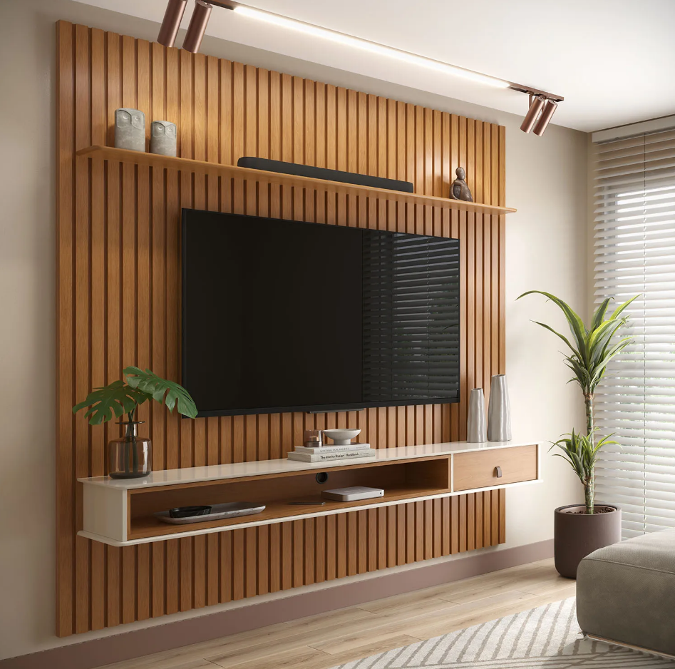 sala com painel ripado na parede.