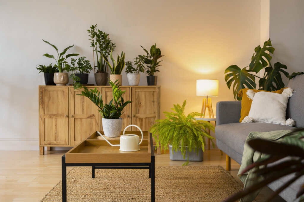 Sala decorada com vários tipos de plantas com folhagens de tons diversos de verde.