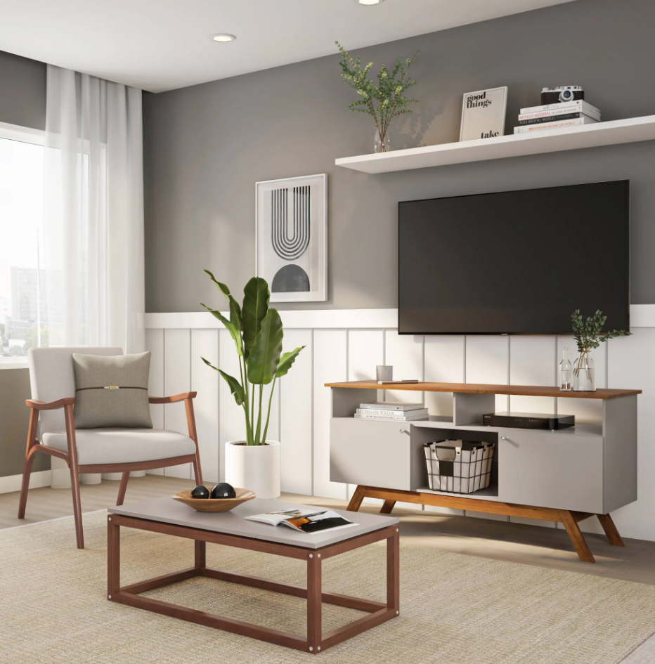 poltrona, mesa e rack na sala de estar