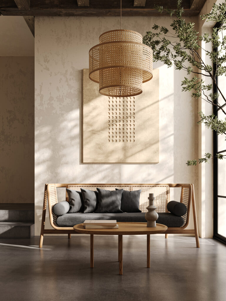 Elementos naturais como rattan presente na trama de palha indiana, assim como objetos de cerâmica e madeira fazem parte do conceito visual do estilo Japandi.