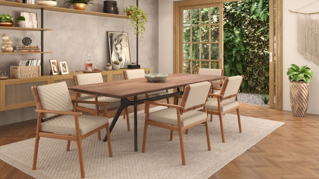 Mesa decorada com 6 poltronas Polo de cor areia em ambiente com parede de folhagem ao fundo.