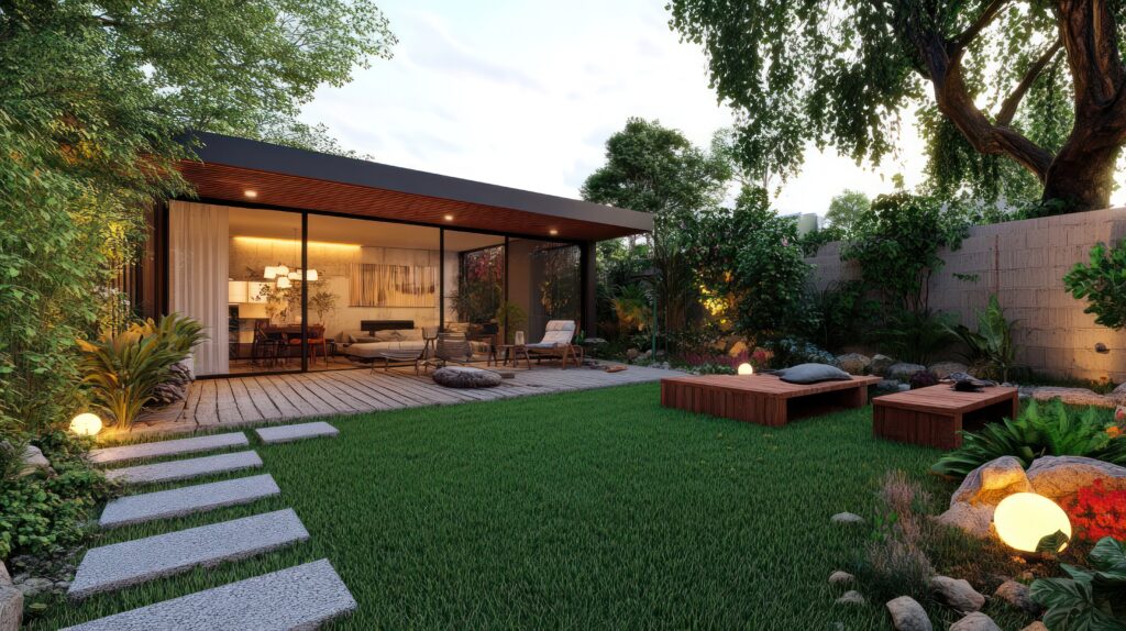 Casa com quintal integrado e muitos elementos verdes e naturais. Design biofílico aplicado ao espaço.