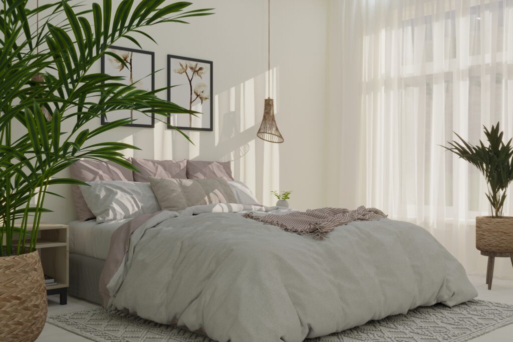 Quarto com cama de casal decorado com vasos de plantas e cores suaves. Ambiente aconchegante.