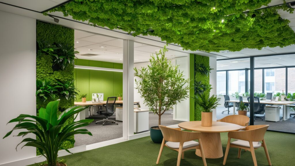 Escritório com design biofílico aplicado à arquitetura e decoração do ambiente.