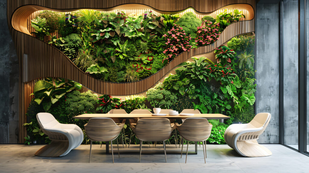 Ambiente com parede de jardim vertical em frente a mesa de jantar. Conceito de design biofílico.