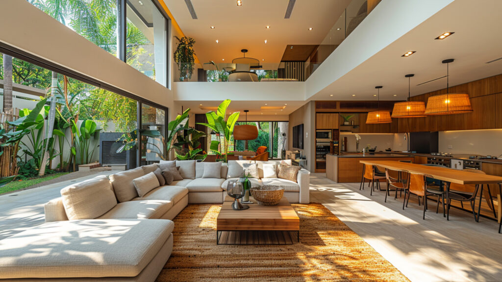 Casa com espaços amplos e pé direito alto, ambientes integrantes e muitas plantas e madeira na decoração e arquitetura de design biofílico.