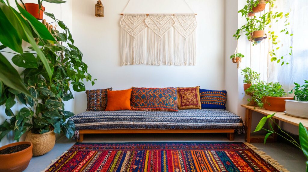 Mistura de estampas nas almofadas e no tapete, elementos coloridos, muitas plantas e detalhe na parede de macramê. O estilo Boho na decoração resumido em uma imagem.