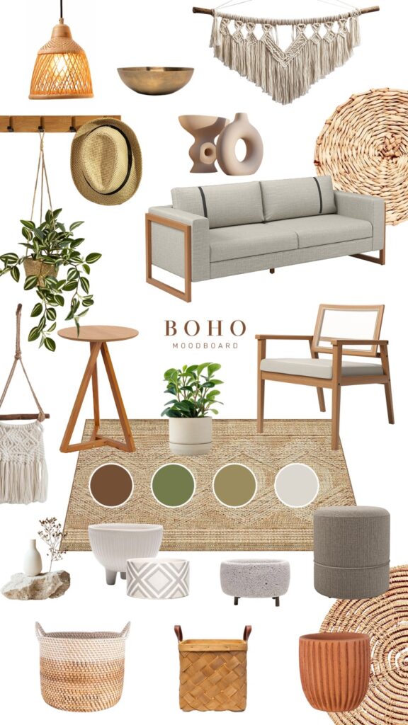 Moodboard com elementos diversos para compor uma decoração de estilo Boho.