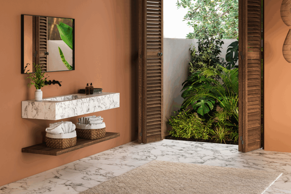 Banheiro com decoração de mistura de materiais como mármore, rattan, tecido, madeira e plantas.