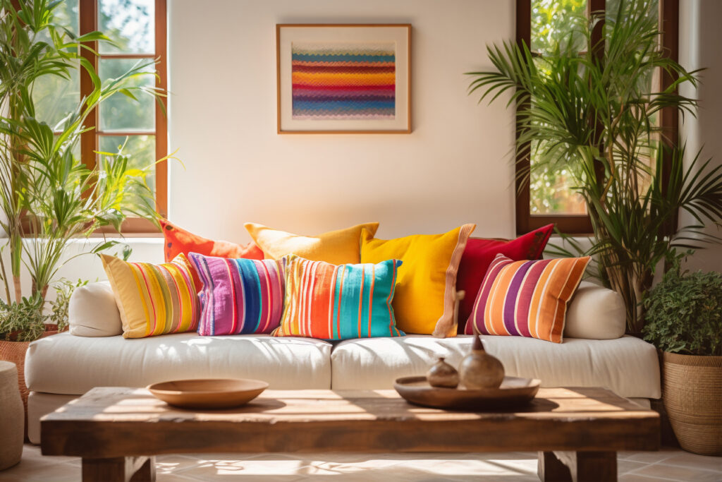 Muitas almofadas de cores vibrantes sobre sofá de cor neutra clara. Decoração boho com pontos contrastantes.