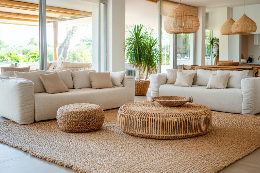 Sala ampla com sofás de tecido claro e decoração com peças de materiais tramados de fibra natural.