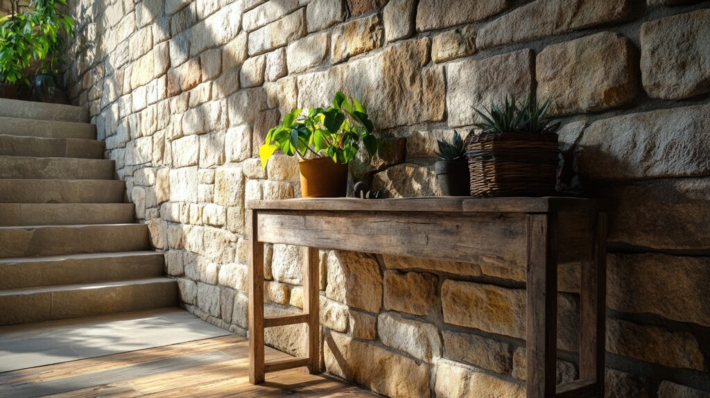 Parede de pedras naturais com mesa de madeira rústica e vasos de plantas. Combinação natural para a área externa da casa.