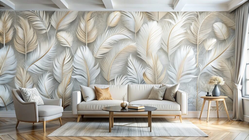 Sala de estar com papel de parede estampado com folhas grandes de cores neutras.