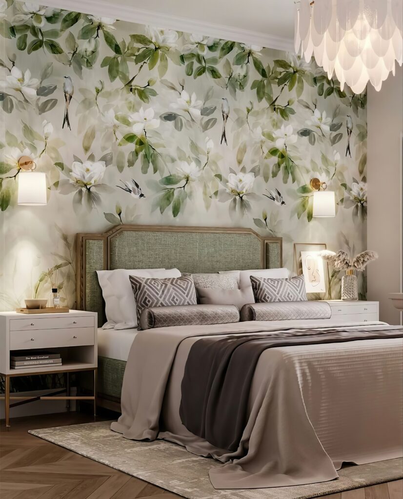 Quarto elegante com cama grande com cabeceira de tecido linho verde e papel de parede de estampa botânica em tons de verde suave.