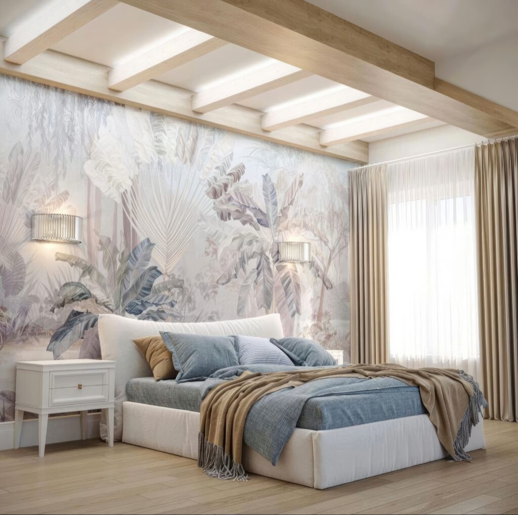 Quarto de tonalidades liláceas e azuis suaves. Com elementos em tons e madeira clara e cortina bege e cama branca.