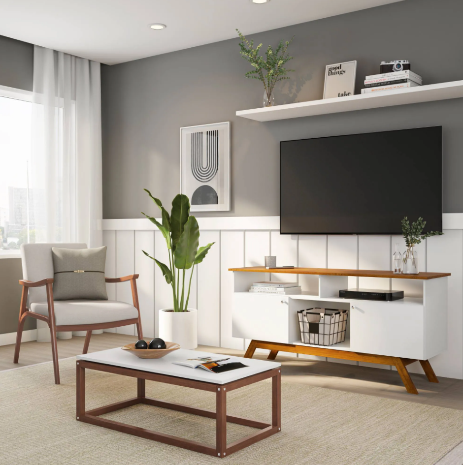 sala de estar decorada com móveis com pés aparentes feitos de madeira. Ambiente suave e espaçoso.  