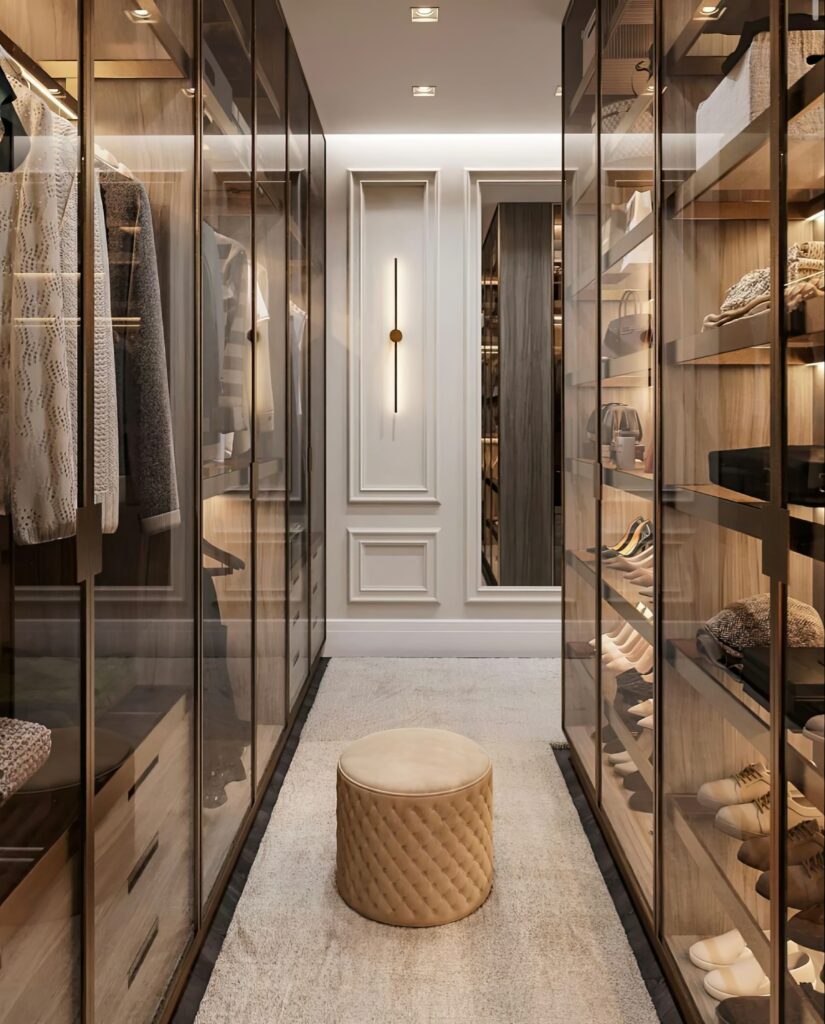 luxuoso armário de roupas com design contemporâneo.