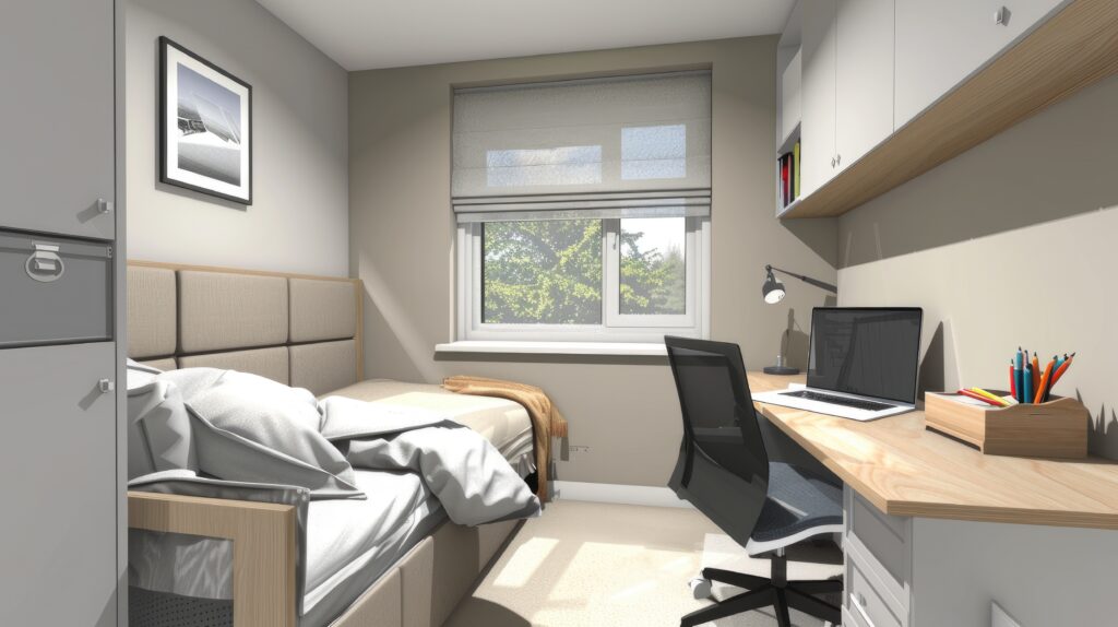 an office bedroom featuring a single bed with a headboard, a small window adorned with a Roman blind, a desk, and storage, all decorated in neutral tones