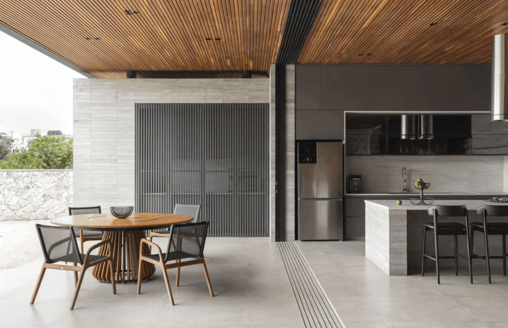 Projeto área gourmet com linhas retas e arredondadas combinadas no design de interiores