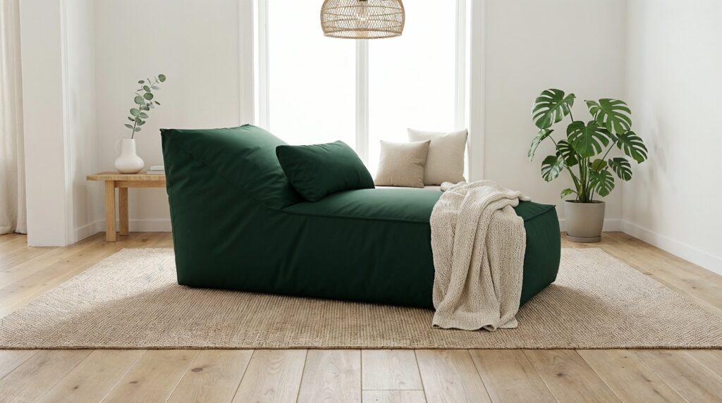 móvel na cor verde-esmeralda para transformar a paleta minimalista neutra.